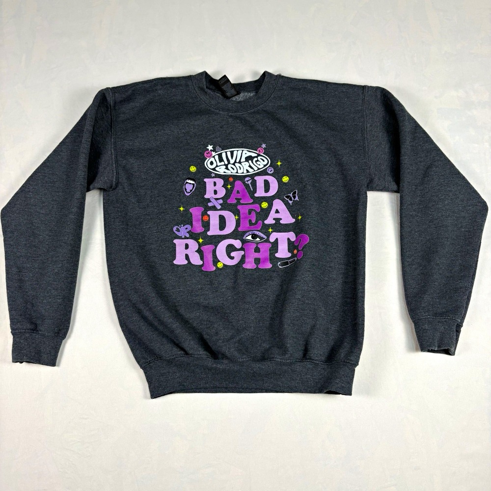 Olivia Rodrigo Bad Idea Right? Crewneck Sweatshirt Youth Large Gray Purple